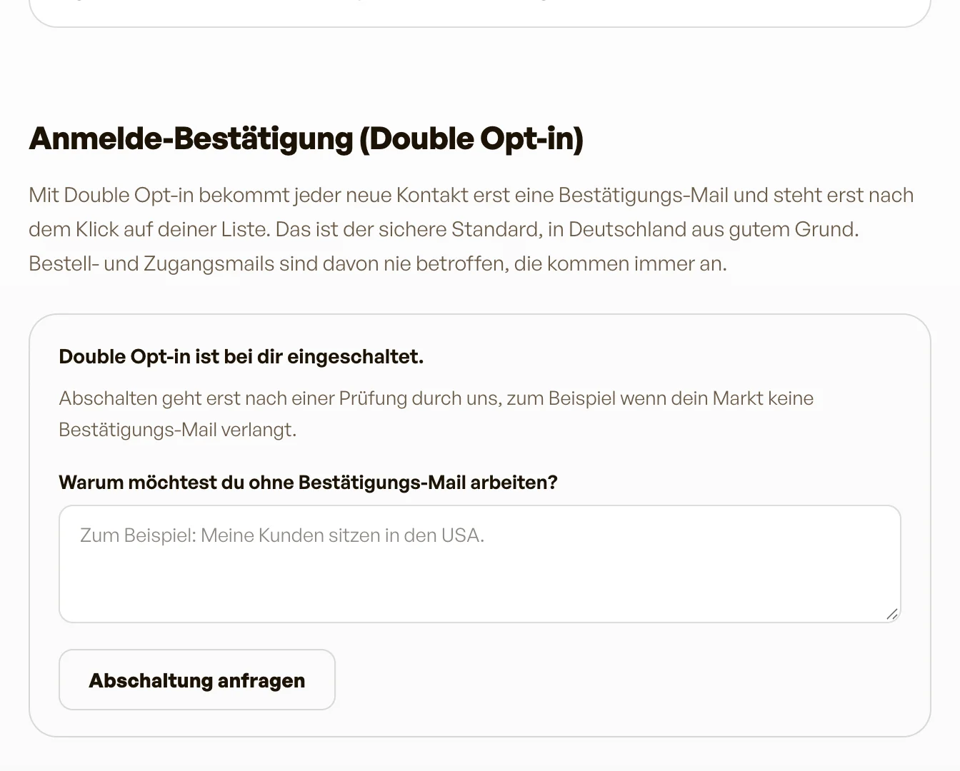 Der Abschnitt zur Anmelde-Bestätigung