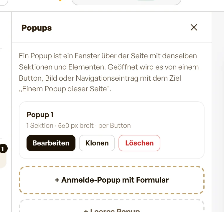Die Popup-Liste im Editor