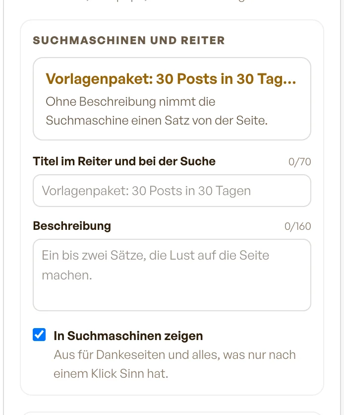 Titel, Beschreibung und das Häkchen für Suchmaschinen