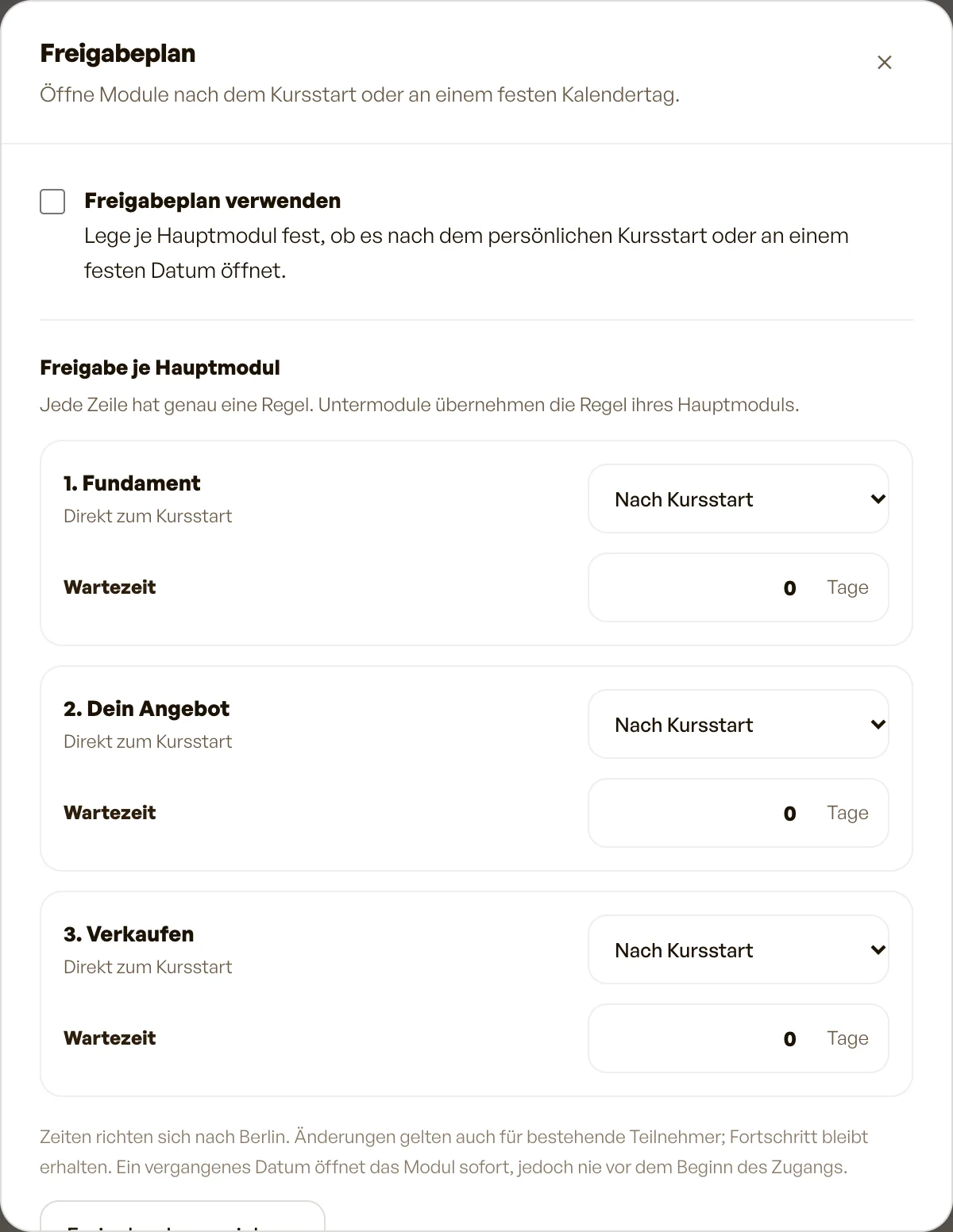 Der Freigabeplan mit den Regeln je Modul