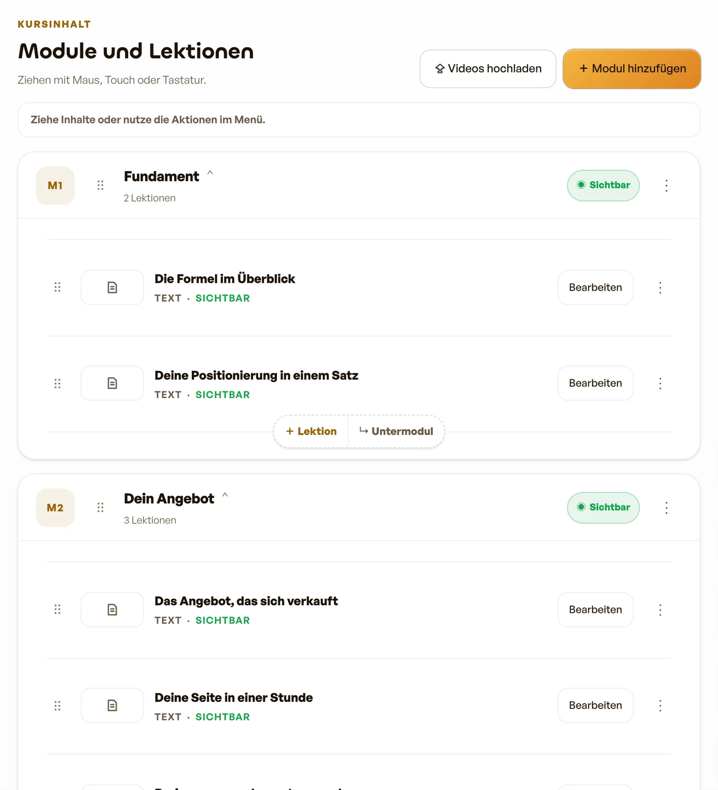 Module und Lektionen im Kursstudio