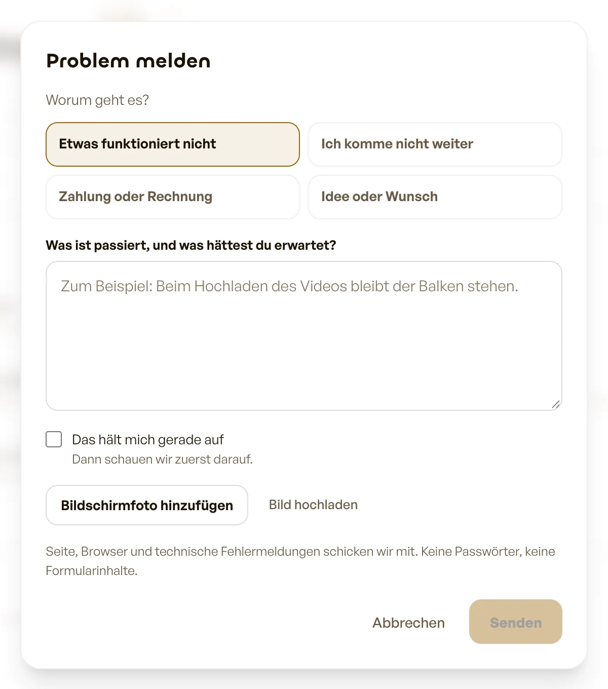 Das Fenster „Problem melden"