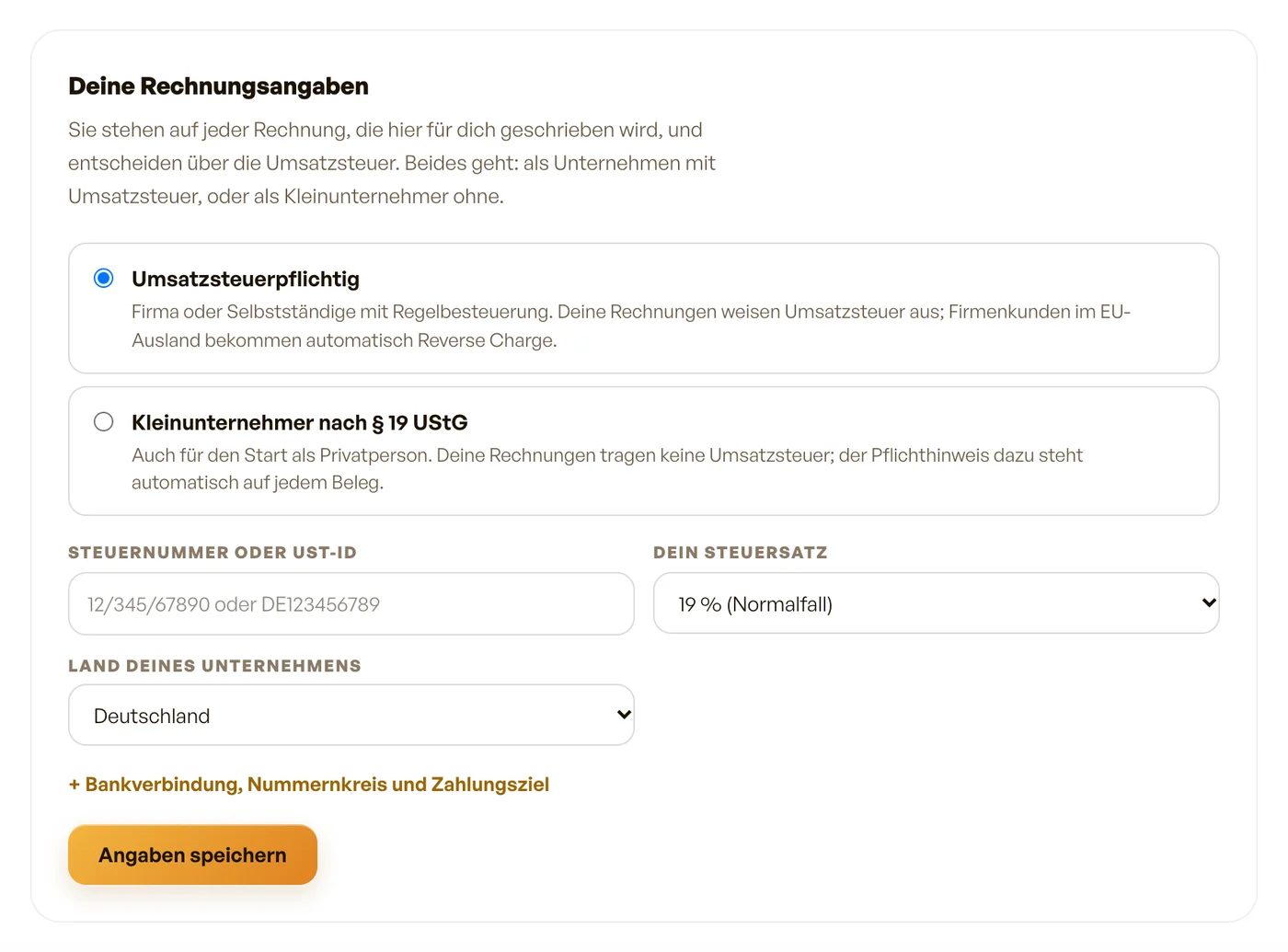 Die Karte „Deine Rechnungsangaben"