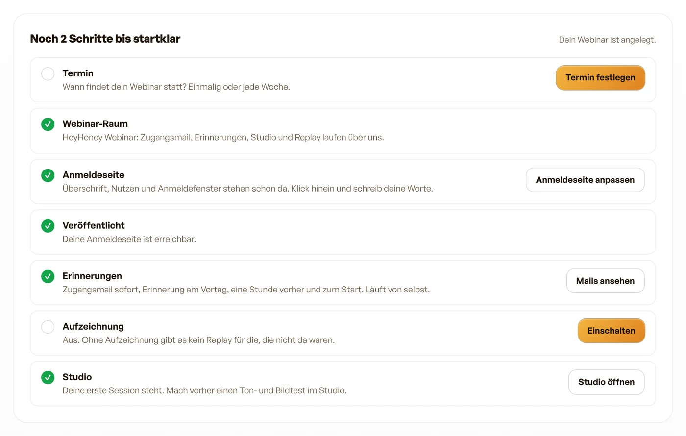 Die Startklar-Liste eines Webinars